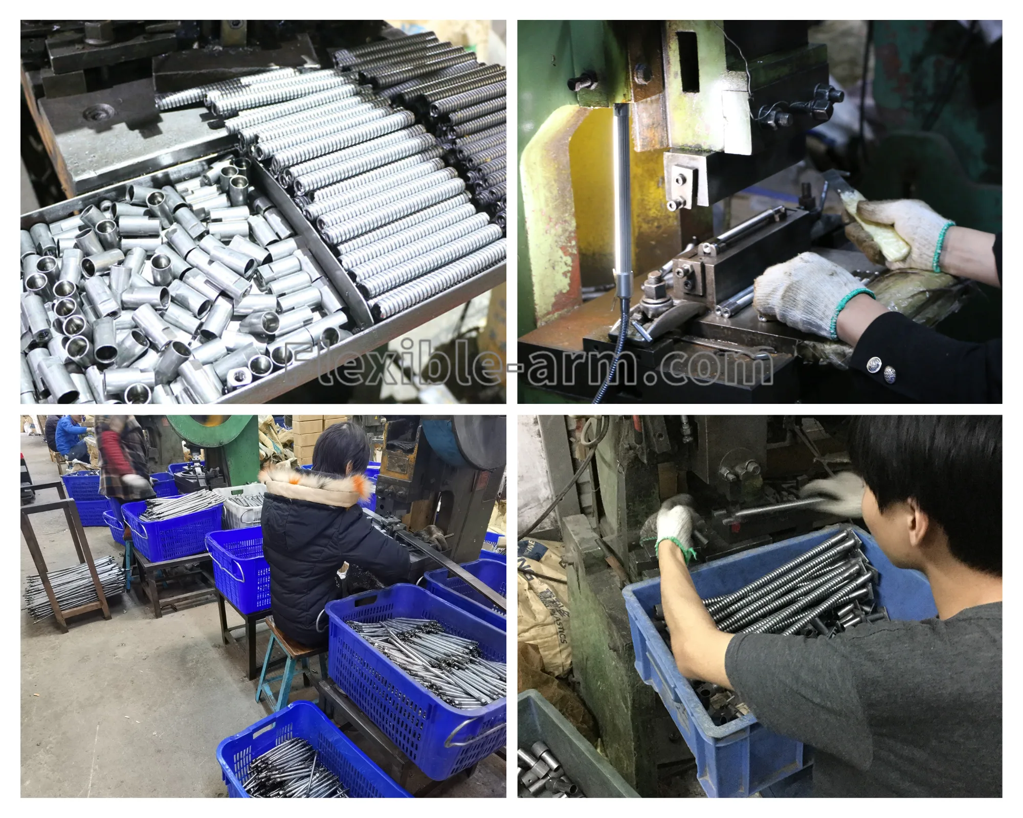 Gooseneck pipe connectors and end fittings for custom flexible arm assemblies