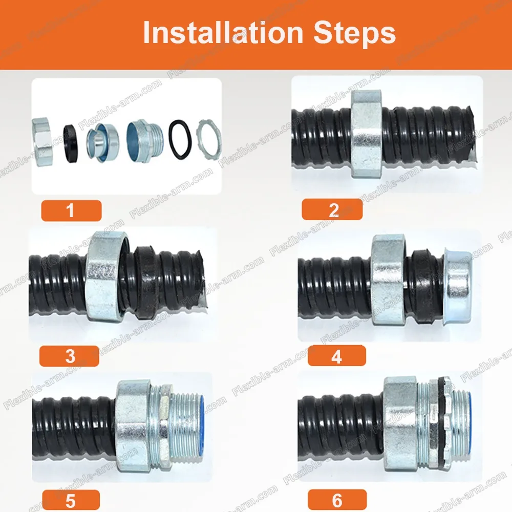 Conduit connectors for OEM flexible arm and conduit assemblies